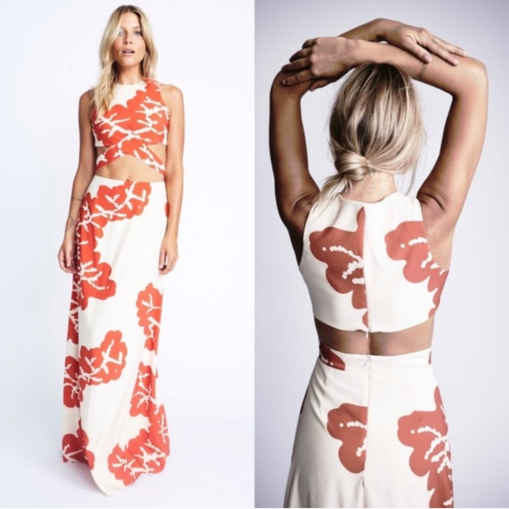 Karen Zambos cleo cut out maxi coral beige dress size P
